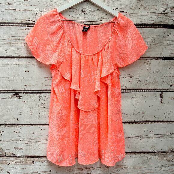 TORRID Neon Coral Georgette Ruffle Blouse Sz 00 - Picture 3 of 9